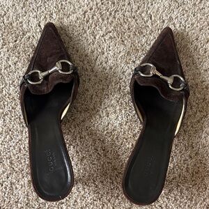 Gucci Dark Brown Suede Horsebit Pointed Mules